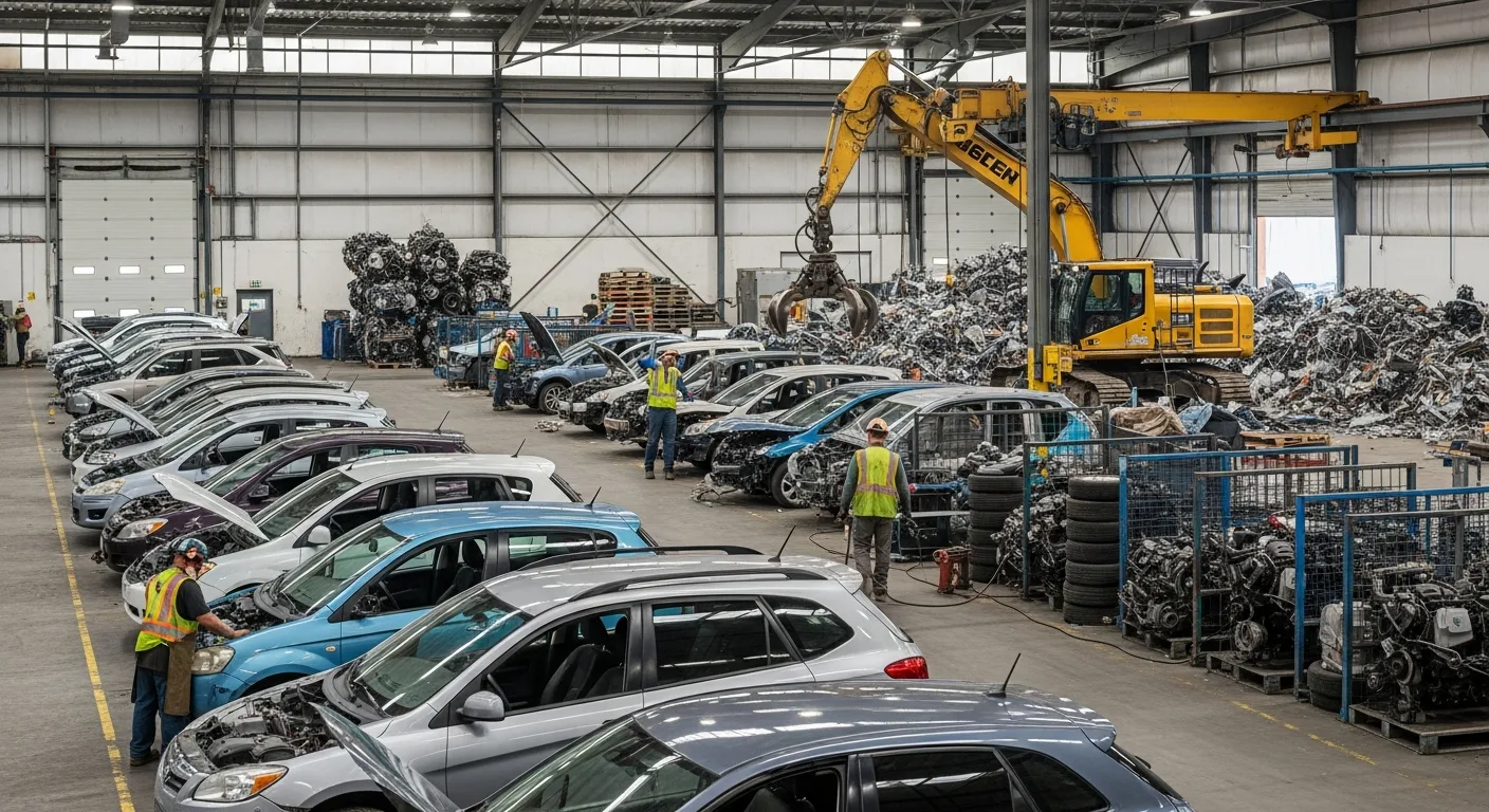 Workers at a BC auto recycling facility dismantling vehicles for eco-friendly scrap metal recovery