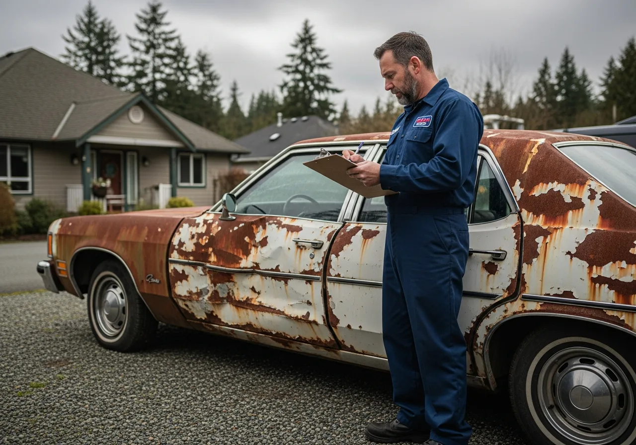 Tow truck driver inspecting a scrap vehicle and writing a quote on a clipboard in BC