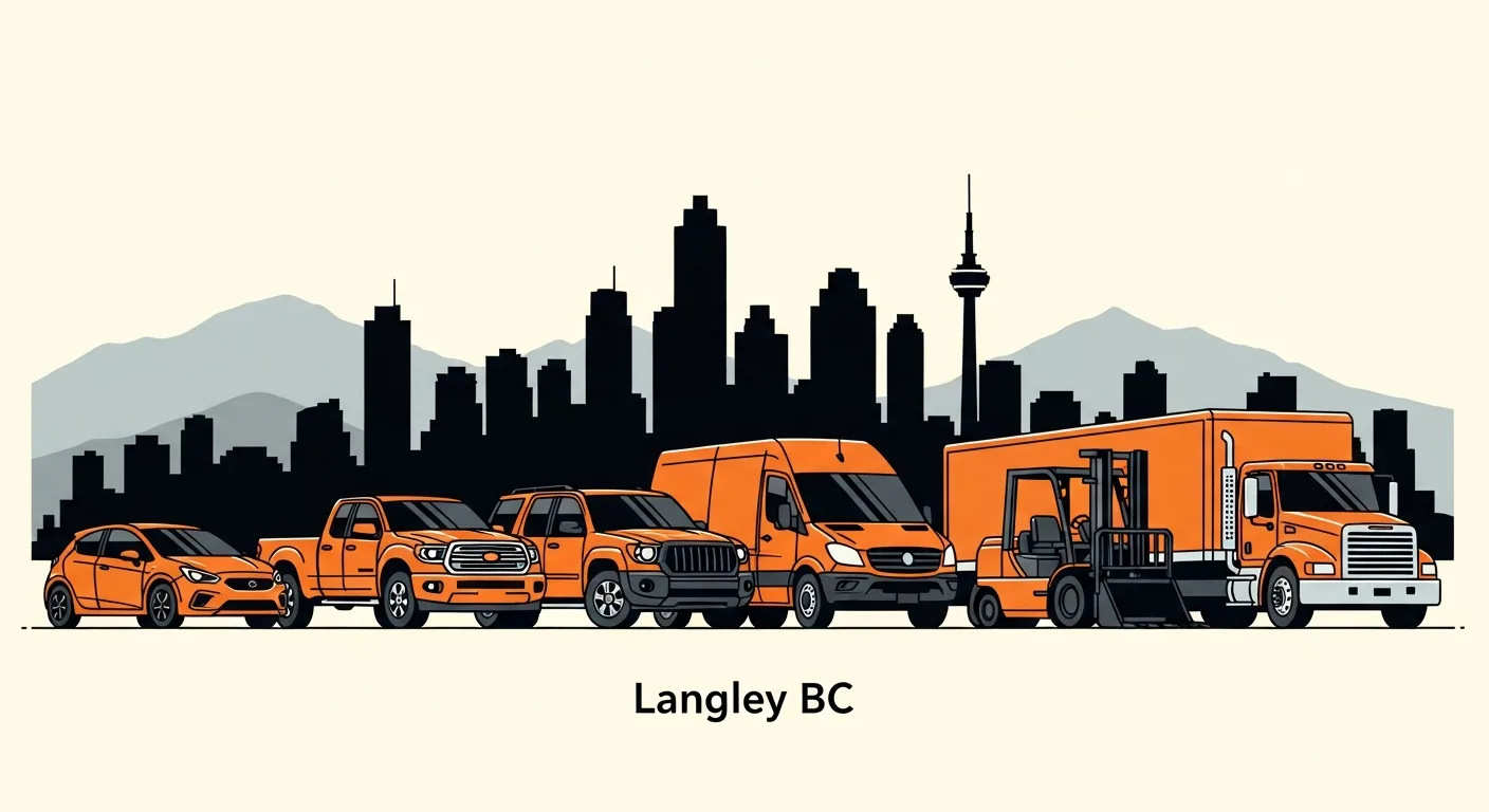 Multiple vehicle types we purchase — car, pickup truck, SUV, cargo van, forklift, and commercial truck in front of Langley BC skyline and Fraser Valley mountains