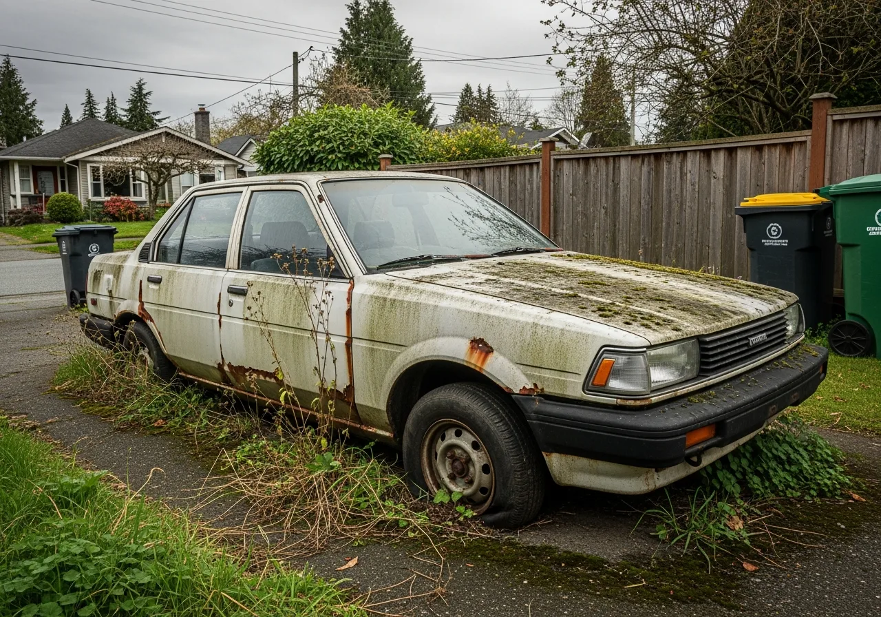 A rusted non-running old car with a flat tire sitting abandoned in a Vancouver BC driveway, ready for cash-for-cars removal service