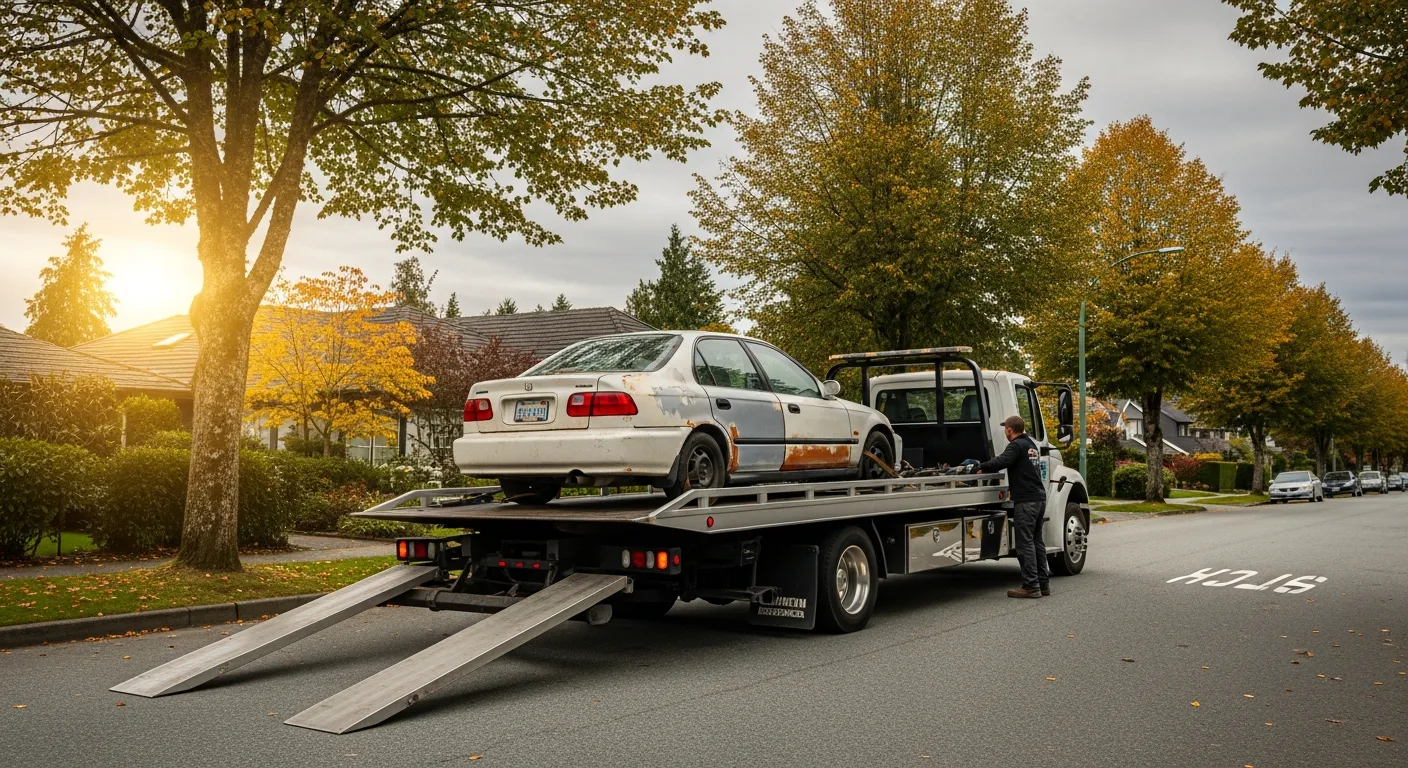 Flatbed tow truck removing an unwanted vehicle on a Vancouver BC residential street for Cash for Cars Vancouver service