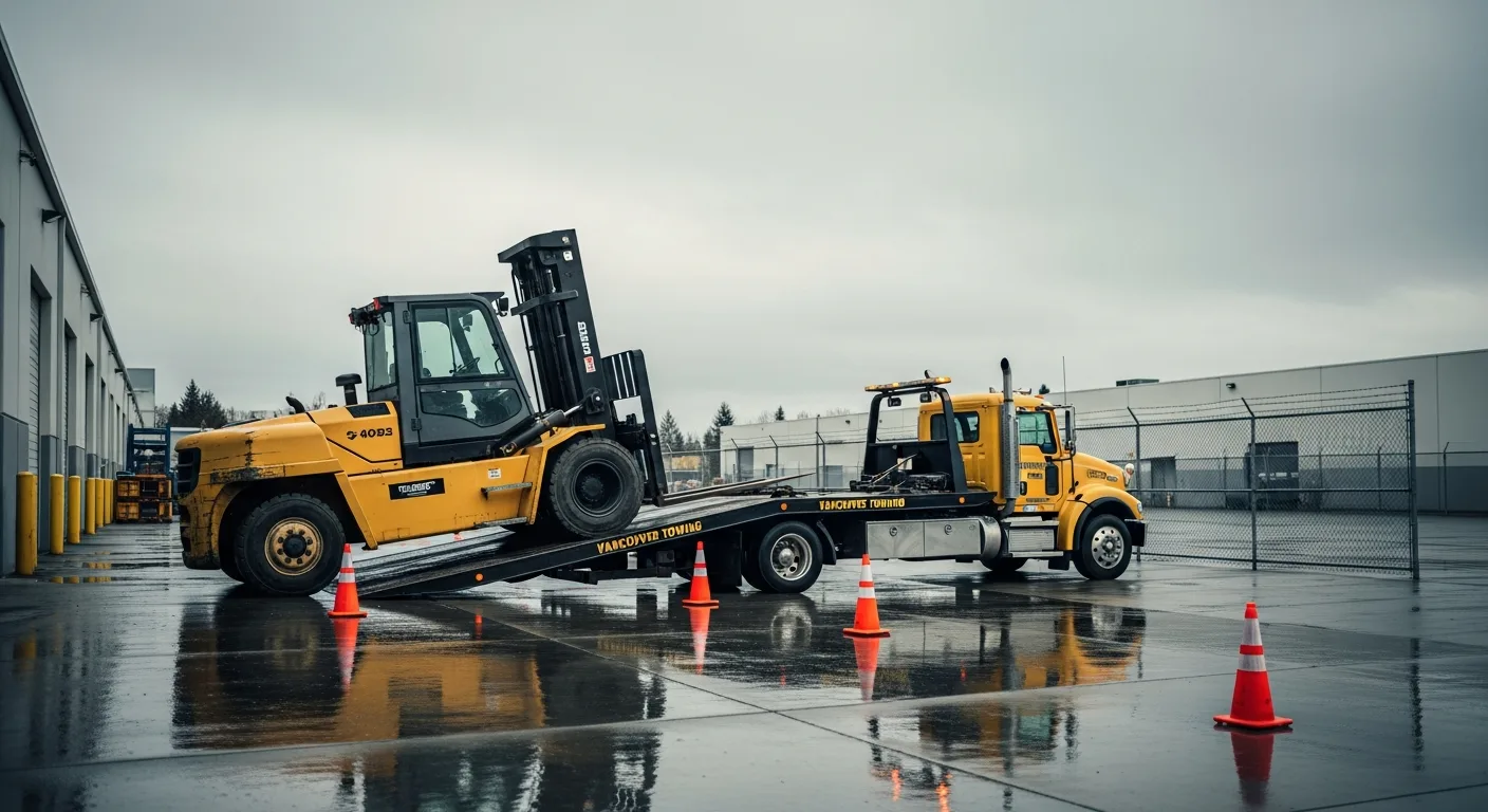 Yellow industrial forklift being removed from a Langley BC warehouse loading dock by a professional equipment removal service