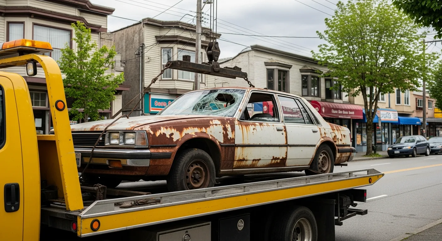 Junk car being removed in Marpole Vancouver