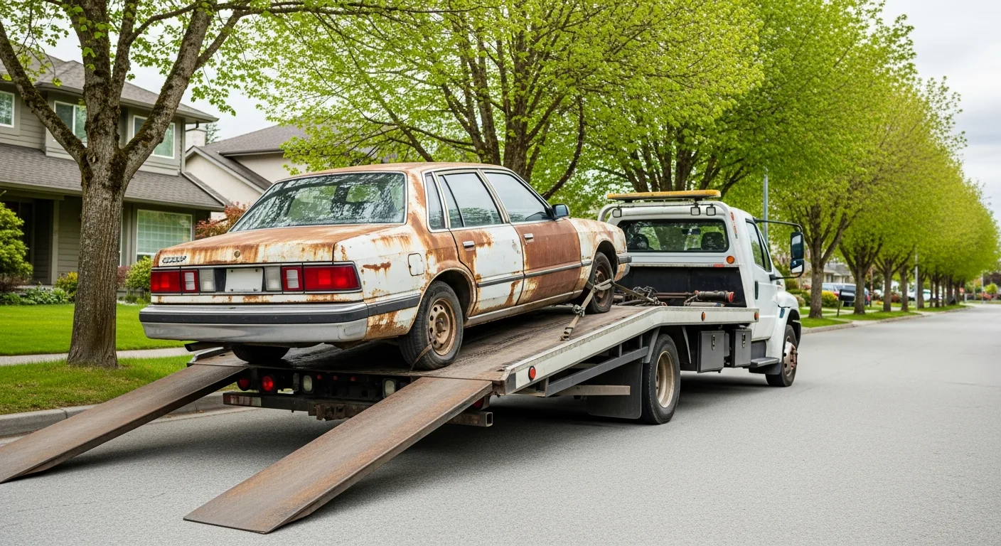 Junk car being collected from a Walnut Grove Langley BC driveway