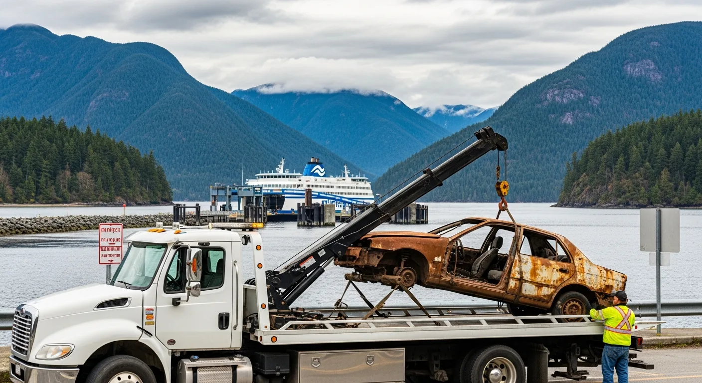 Flatbed tow truck removing a rusted scrap car on Bowen Island BC with the BC Ferries dock terminal and dramatic Howe Sound fjord with forested mountains in the background