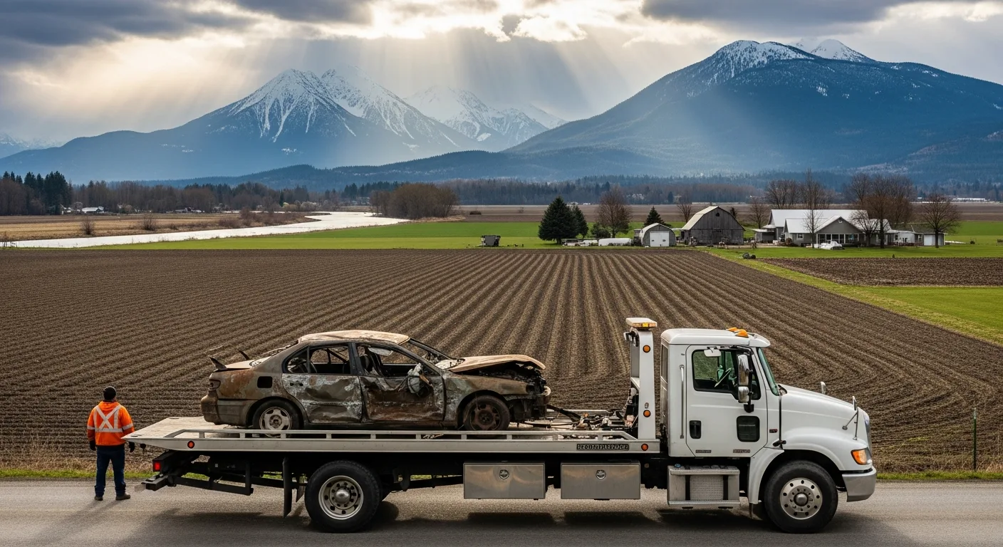 Flatbed tow truck hauling a wrecked scrap car in Chilliwack BC with snow-capped Mount Cheam and wide Fraser Valley agricultural fields in the background