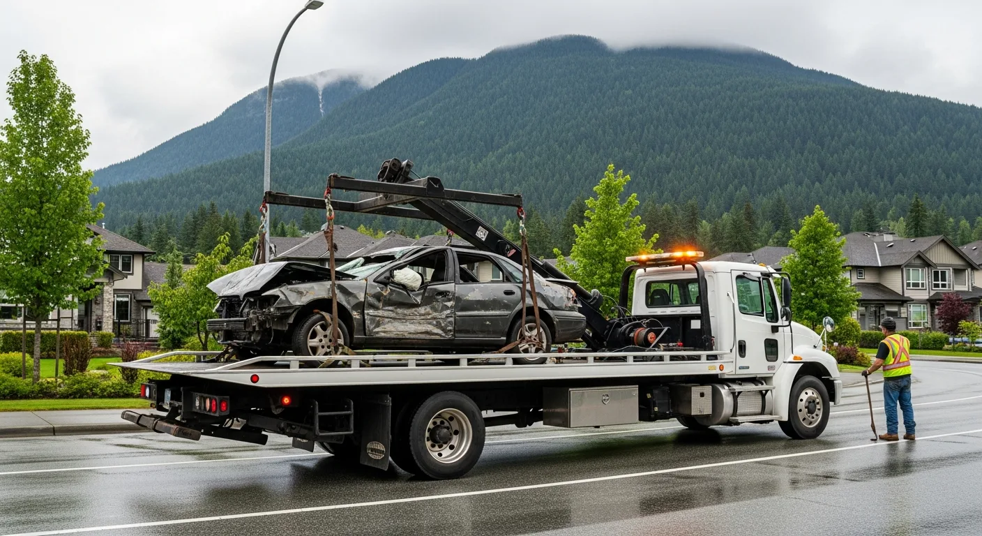 Flatbed tow truck removing a scrap car in Coquitlam BC