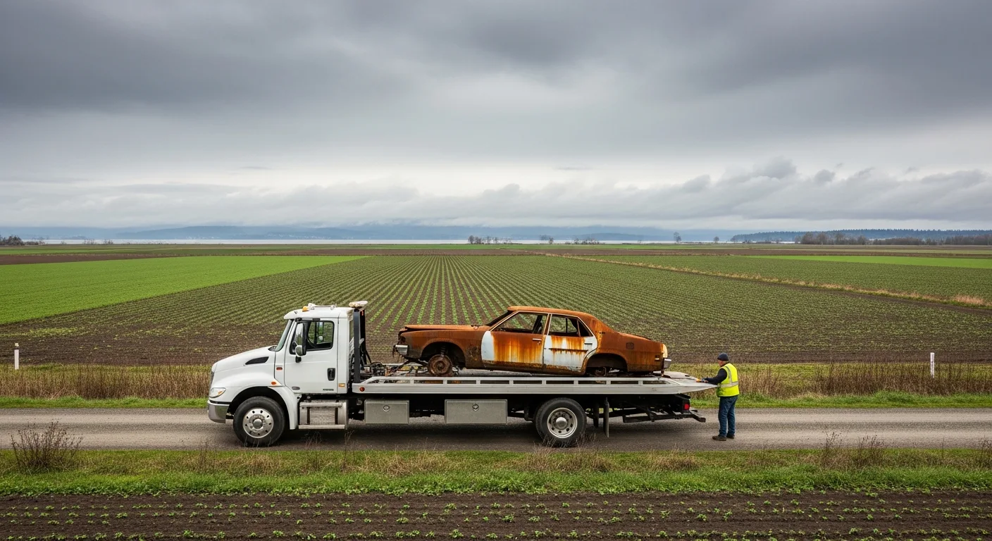 Flatbed tow truck loading a rusted scrap car on a Delta BC farm property with flat Fraser River delta agricultural fields stretching to the horizon