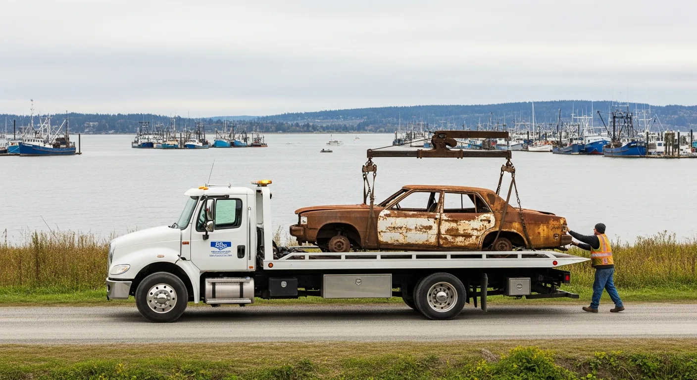 Flatbed tow truck loading a rusted scrap car near Ladner BC with Fraser River fishing boats moored at the dock and flat delta farmland in the background