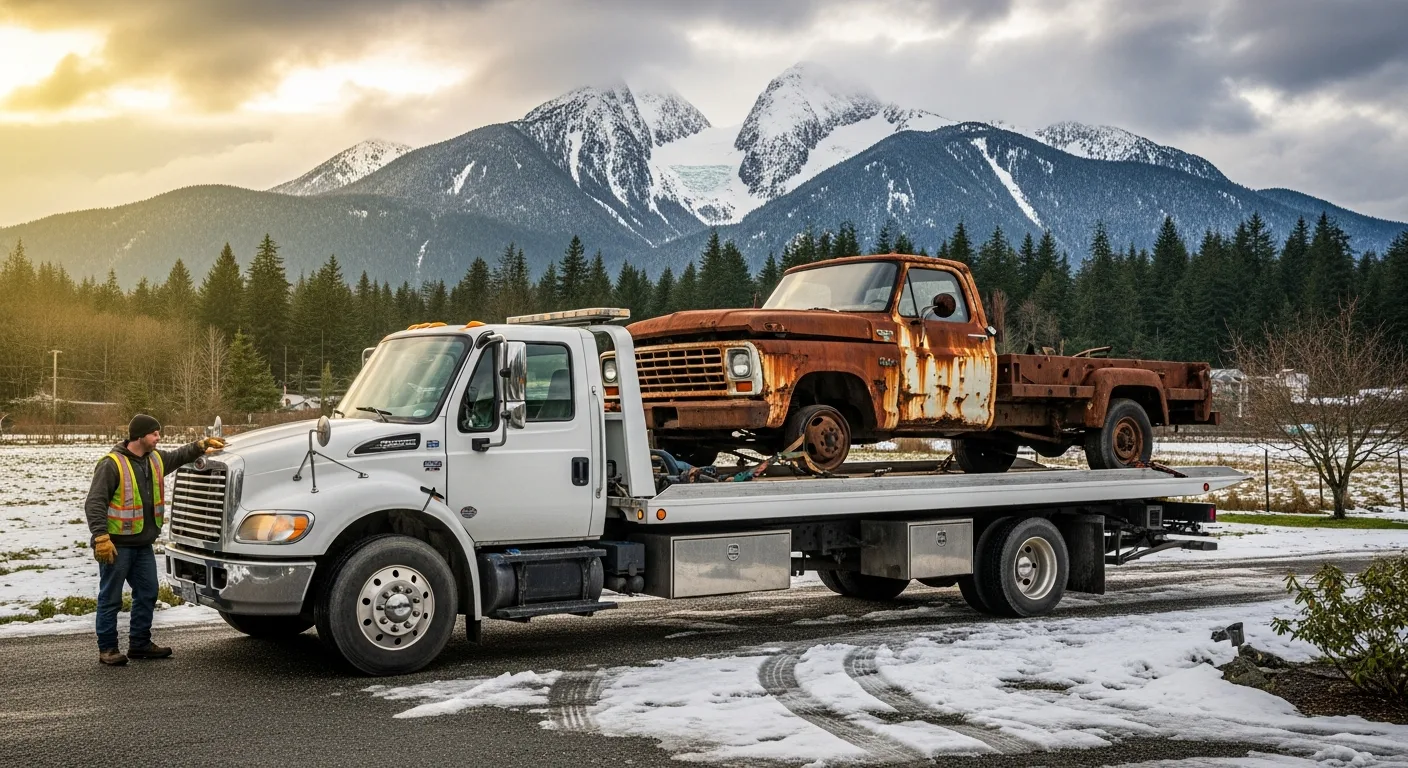 Flatbed tow truck hauling a rusted scrap truck in Maple Ridge BC with dramatic snow-capped Golden Ears twin peaks and coastal rainforest in the background