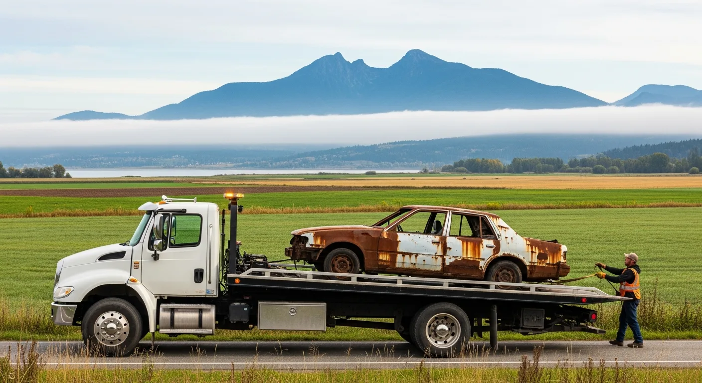 Flatbed tow truck loading a rusted scrap car in Pitt Meadows BC with flat river delta farmland and Golden Ears Provincial Park twin peaks visible across Pitt Lake