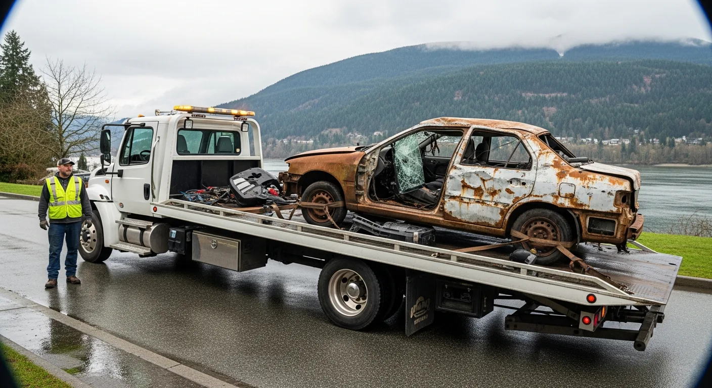 Flatbed tow truck hauling a wrecked scrap car in Port Coquitlam BC with the Coquitlam River and forested mountain slopes in the background