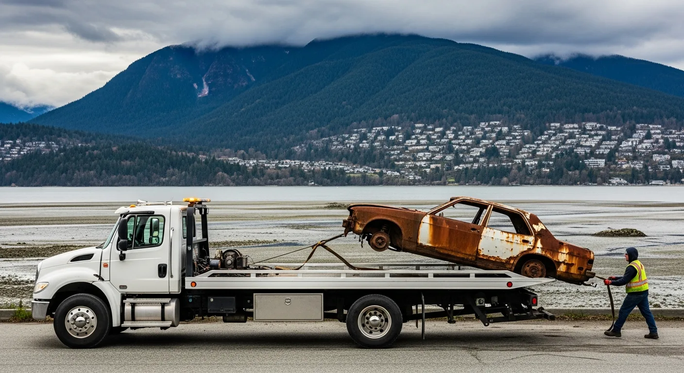 Flatbed tow truck loading a rusted scrap car near Burrard Inlet in Port Moody BC with Rocky Point Park tidal flats and forested mountains surrounding the eastern inlet
