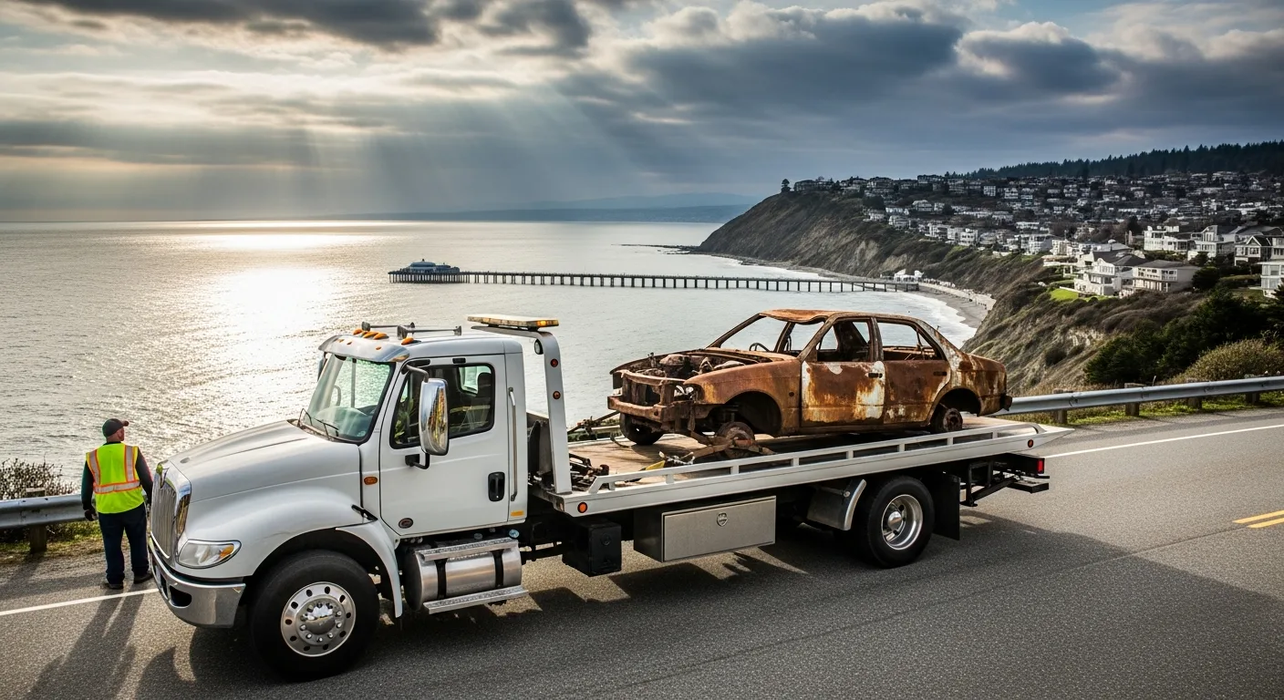 Flatbed tow truck hauling a rusted scrap car near White Rock BC with Semiahmoo Bay ocean views and the White Rock pier silhouette in the background