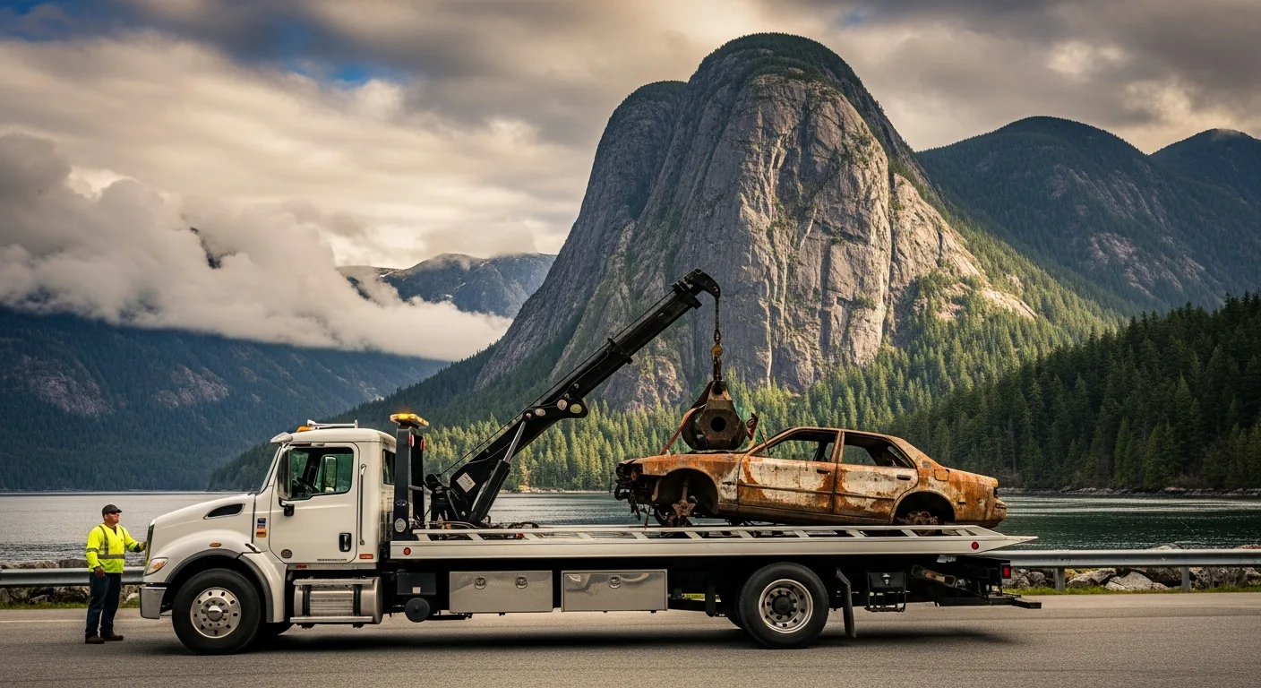 Flatbed tow truck removing a rusted scrap car in Squamish BC with the iconic Stawamus Chief granite rock face and Howe Sound fjord visible in the background
