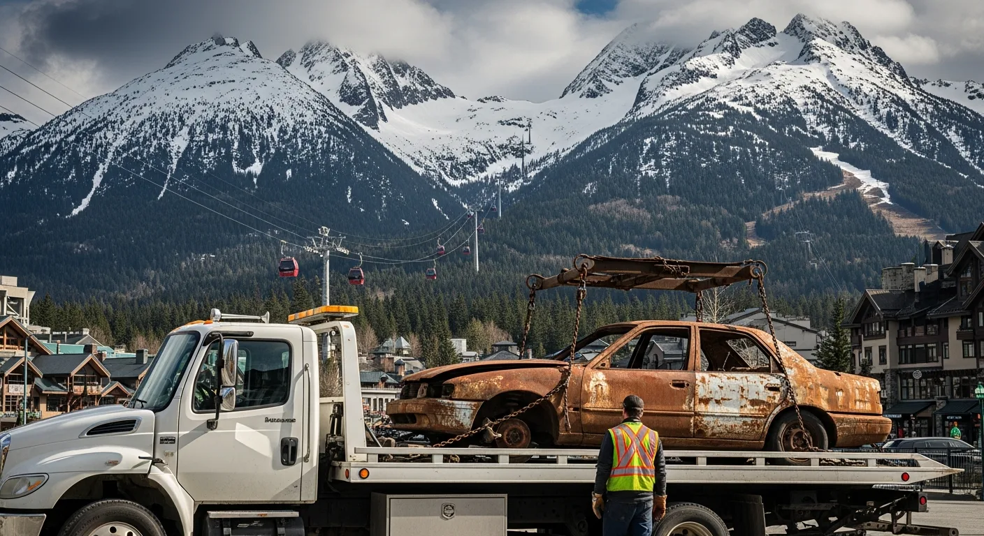 Flatbed tow truck removing a scrap car in Whistler BC with Whistler and Blackcomb ski mountains and gondola cables visible in the dramatic alpine background