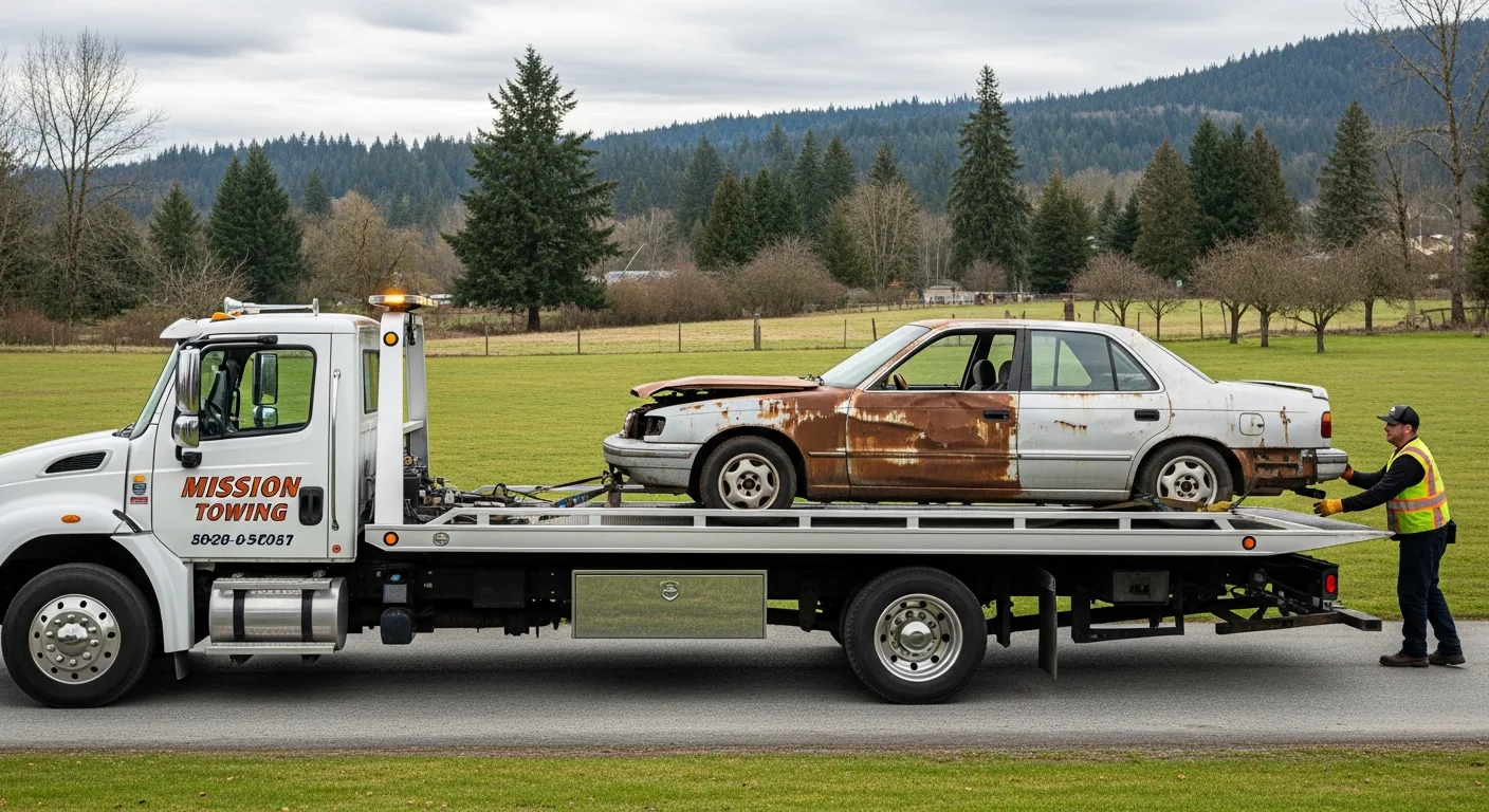 Professional tow truck removing an unwanted scrap vehicle from a residential property in Mission BC