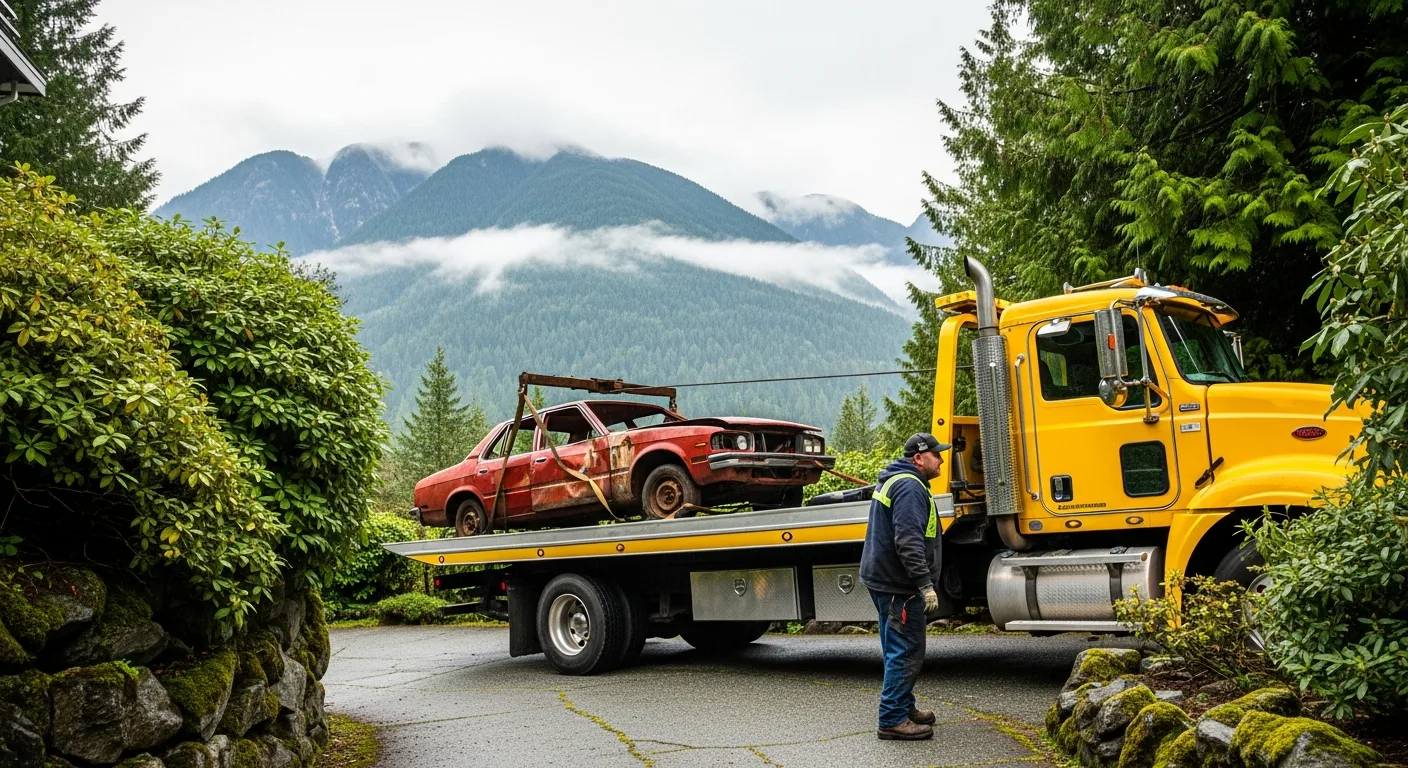 Tow truck removing an unwanted scrap vehicle from a residential property in North Vancouver BC