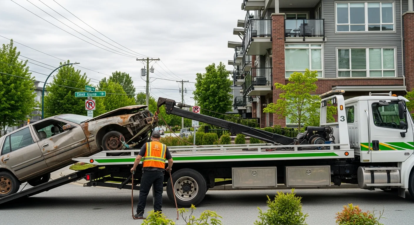 Professional tow truck removing an unwanted scrap vehicle from a Richmond BC property