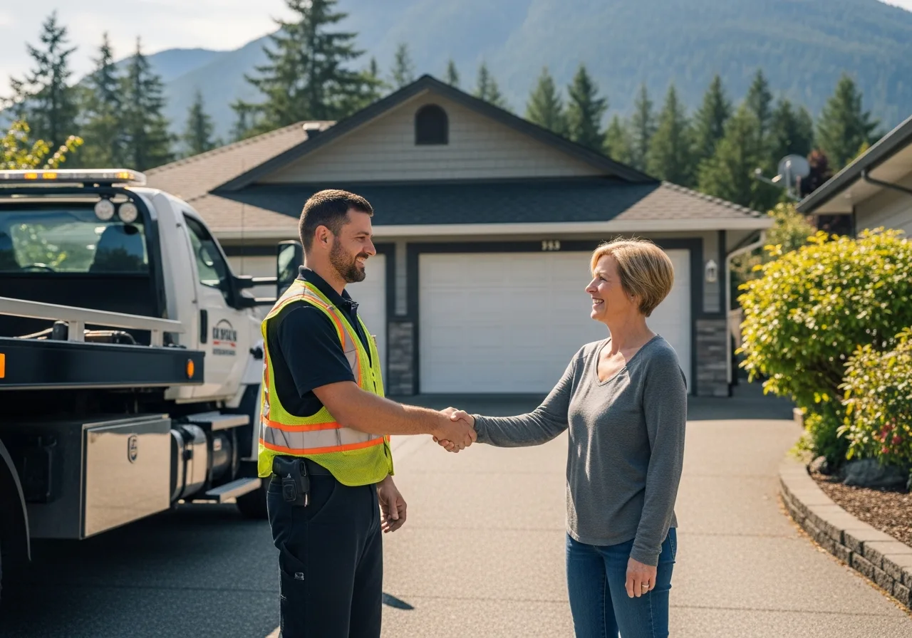 Happy homeowner and tow truck driver after a successful scrap car removal in Langley BC
