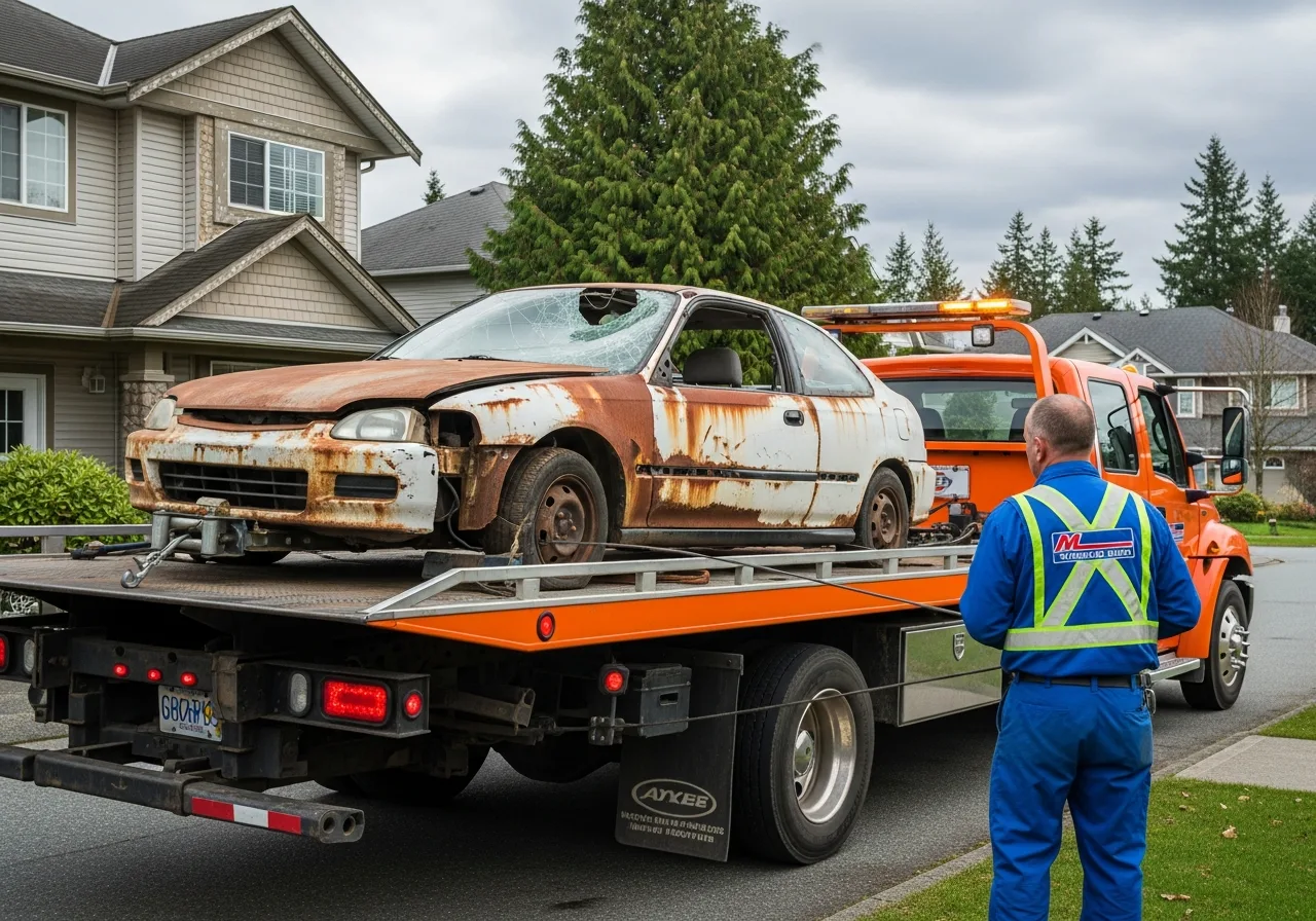 Scrap car being loaded onto a flatbed tow truck in a Maple Ridge BC neighborhood